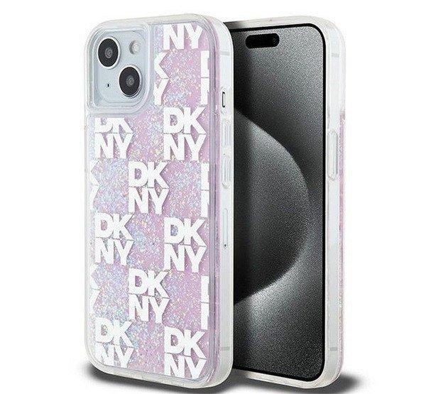 DKNY Liquid Glitter Checkered Pattern iPhone 15 hátlap tok, rózsaszín