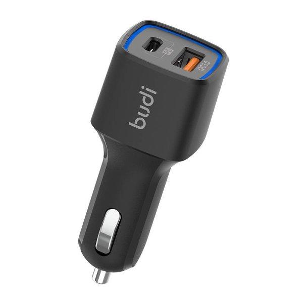 Budi LED autós töltő, USB + USB-C, 18W, PD + QC 3.0 (fekete)