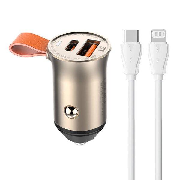 AUTÓS TÖLTŐLDNIO C509Q, USB + USB-C, 30W + cable USB-C to Lightning (gold)