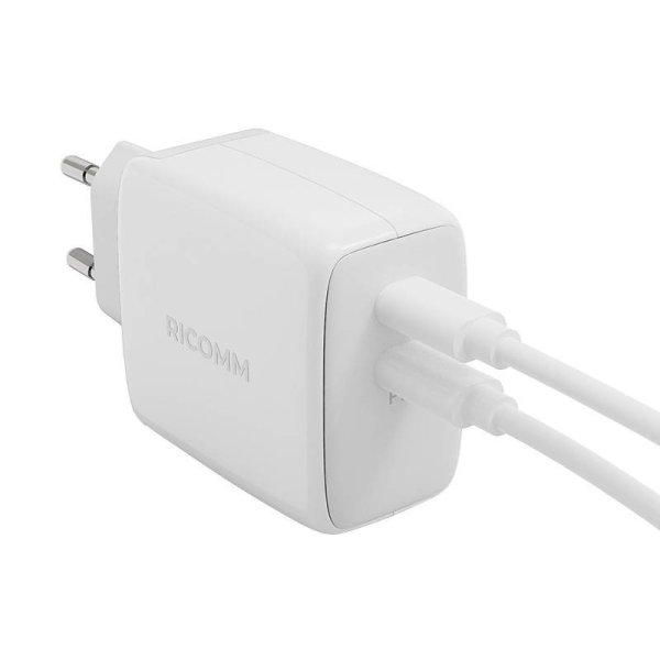 Fali töltő 65 W GaN Ricomm RC652 EU, 2xUSB-C + 2,1 m USB-C kábel