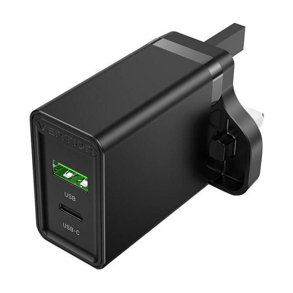 Vention FBBB0-UK USB-A, USB-C hálózati töltő (18W/20W, fekete)