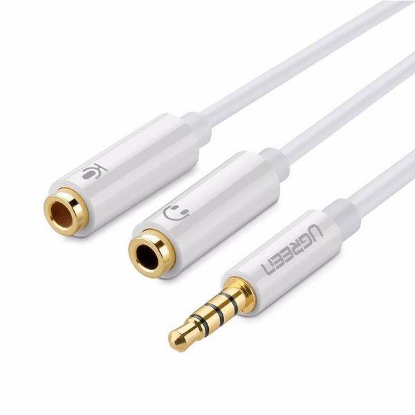 UGREEN AV141 AUX hangelosztó 3,5 mm-es mini jack (férfi) fejhallgatóhoz +
mikrofonhoz (anya), 20 cm (fehér)