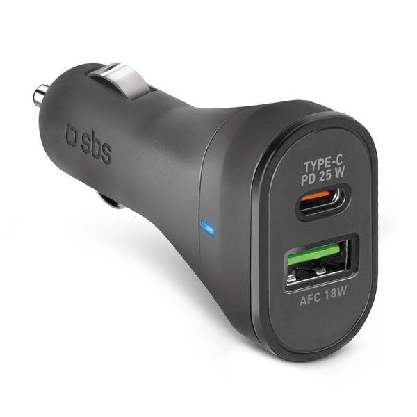 SBS Autóadapter USB/USB-C, PD, 25 W, fekete