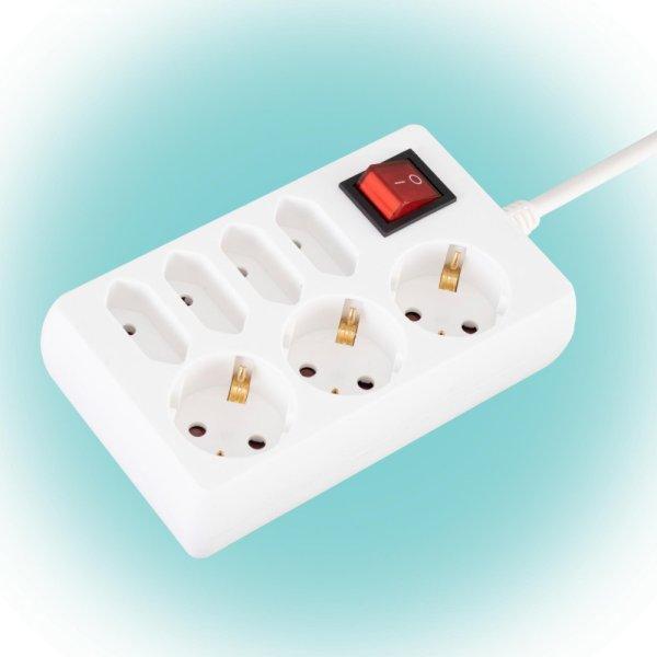 Home NV 17/WH hálózati elosztó, 1,5 m, H05VV-F 3G1,0 mm2 kábel, kapcsolós,
IP20 kivitel, 3 védőérintkezős és 4 euro aljzat, max.