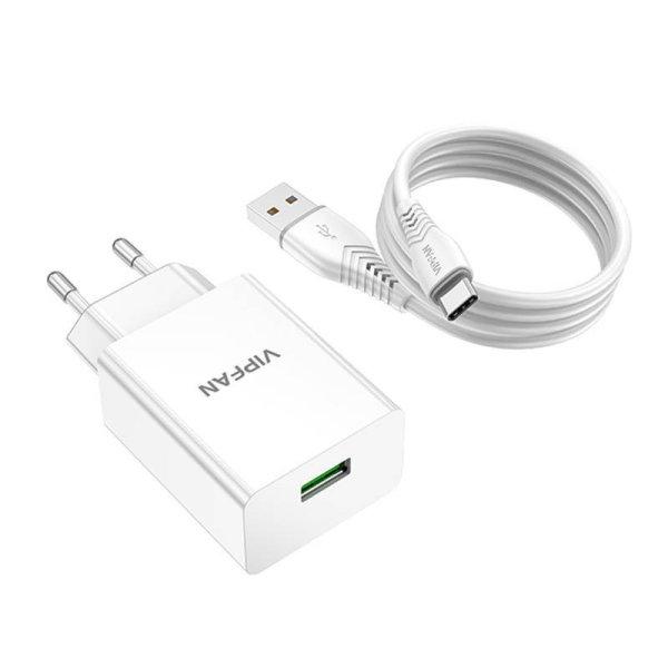 Vipfan E03 fali töltő, 1x USB, 18W, QC 3.0 + USB-C kábel (fehér)