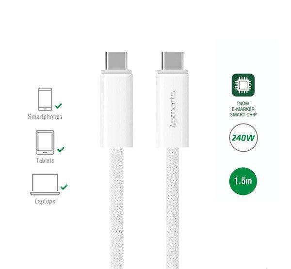 4smarts PremiumCord USB Type-C töltő- és adatkábel, 240W,1.5m, fehér