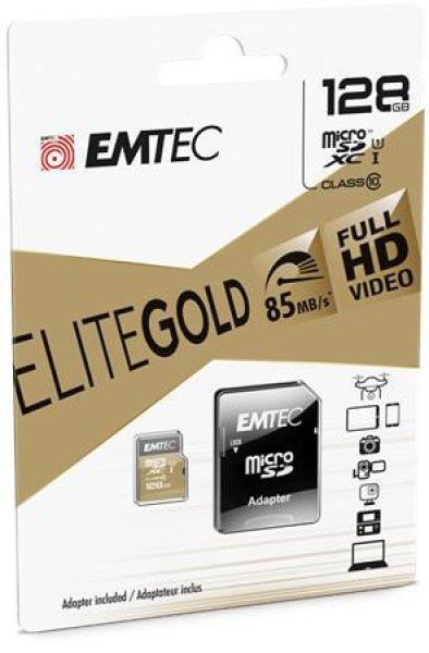 Memóriakártya, microSDXC, 128GB, UHS-I/U1, 85/20 MB/s, adapter, EMTEC
"Elite Gold"