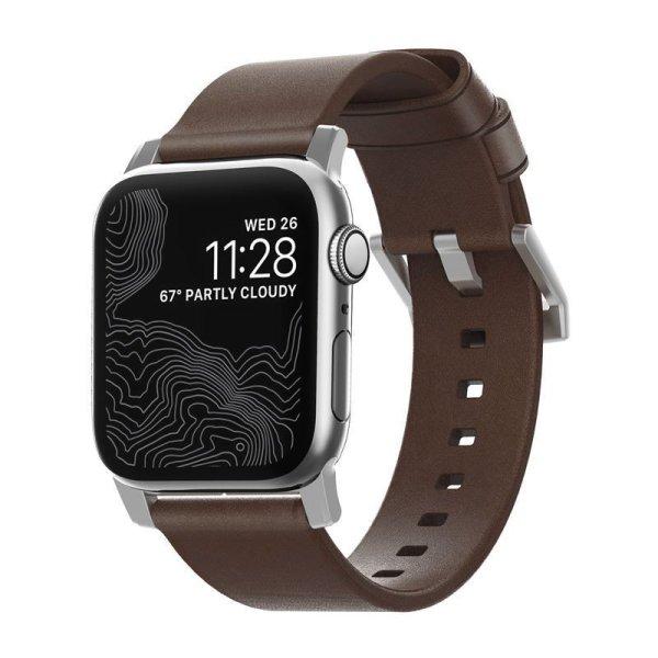 Nomad Leather Strap Brown, silver - Apple Watch Ultra (49mm) 8/7 (45mm)/6/SE/5/4
(44mm)/3/2/1 (42mm)