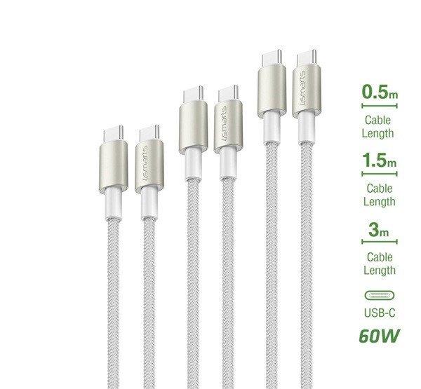 4smarts PremiumCord USB Type-C / USB Type-C töltő- és adatkábel szett, 60W,
3x0.5M+1.5M+3M fehér / ezüst