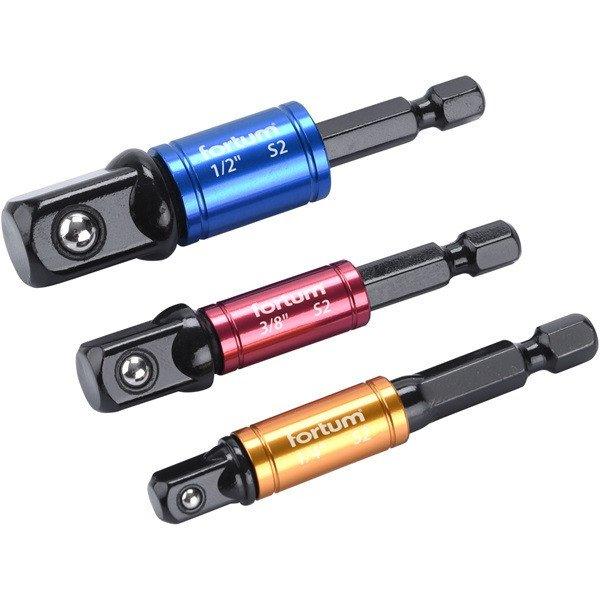 dugókulcs adapter készlet 3db-os; 1/4" - 3/8" - 1/2"
dugófejekhez, fúrógépbe befogás: 1/4" hatszög, S2 acél