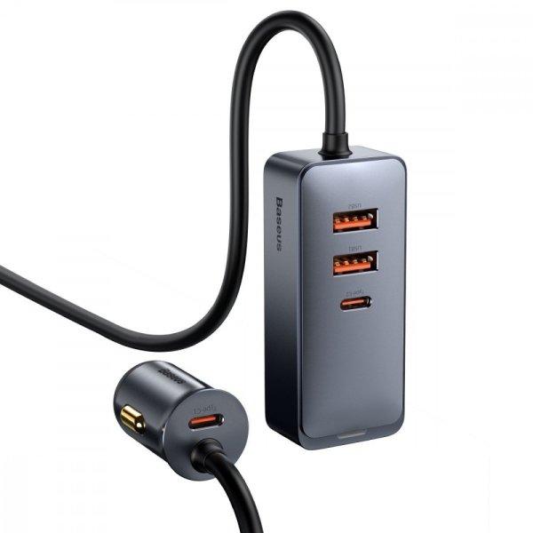 Baseus Share Together autós töltő hosszabbító kábellel, 2x USB, 2x USB-C,
120W (szürke)