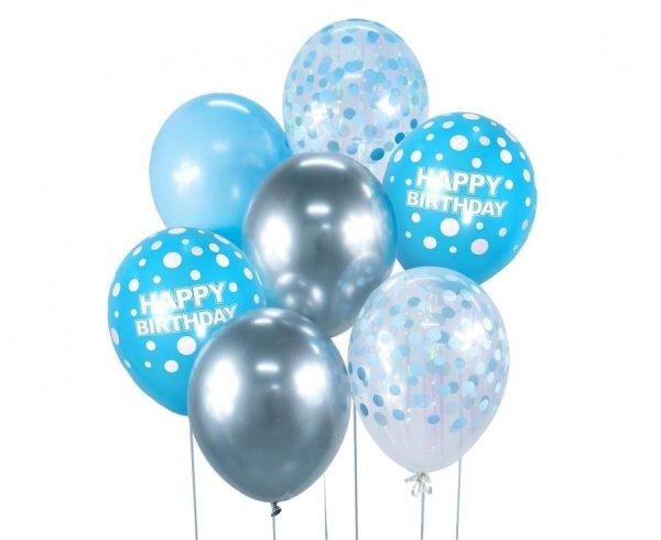 Happy Birthday Silver-Blue, Ezüst-Kék léggömb, lufi szett 7 db-os 30cm (12
inch)