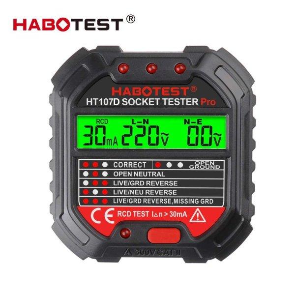 Habotest HT107D (RCD-RCD) - dugalj teszter bekötések ellenőrzéséhez: LCD
panel, feszültségkijelzés, RCD teszt és RCD értékkijelzés