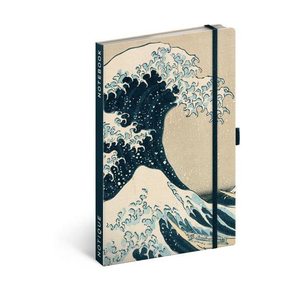 Keménytáblás notesz vonalas krémszínű lapokkal leszorító gumiszalaggal
Katsushika Hokusai 130x210mm, Presco