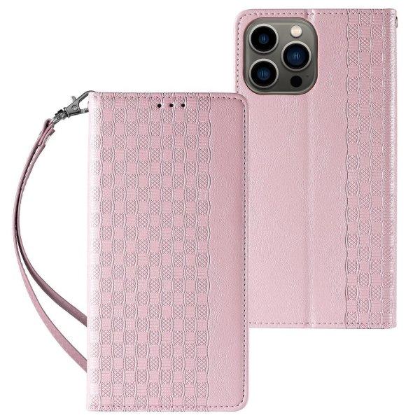 Magnet Strap Case iPhone 14 Pro Max Flip Wallet Mini Lanyard Stand rózsaszínű