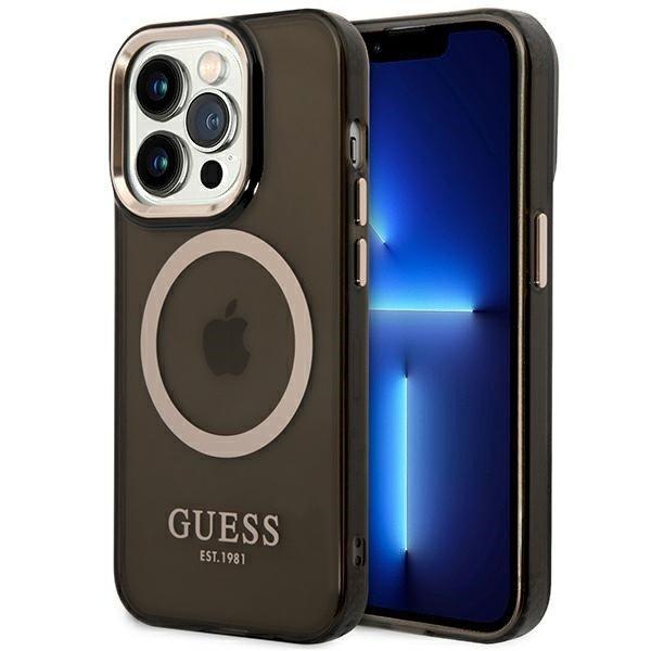 Guess GUHMP14XHTCMK iPhone 14 Pro Max 6.7" fekete/fekete kemény tok arany
kontúrú, áttetsző MagSafe áttetsző