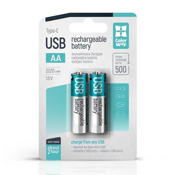 COLORWAY AA újratölhető elem, USB-C 2200 mAh 1.5B (Li-Polymer) (2pc.)
(CW-UBAA-10)