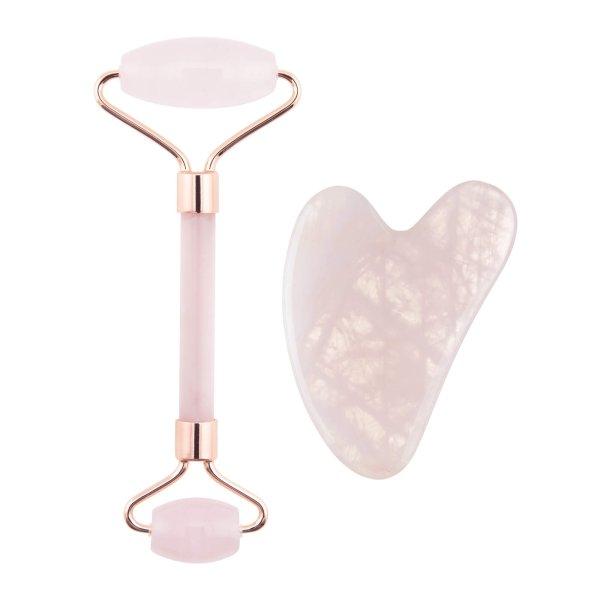 Palsar 7 Arcmasszírozó henger és Guasha rózsakvarc
ásvány masszírozó (Rose Quartz Jade Roller & Gua Sha Set)