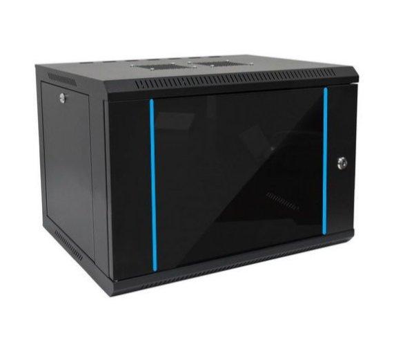 Techson 600 × 450 mély 6U magas, fali 19"-os rackszekrény, üvegajtó,
fekete