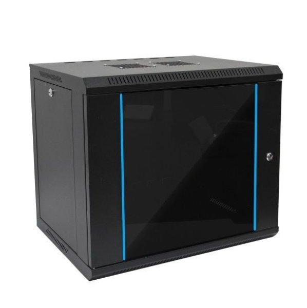 Techson 600 × 600 mély 9U magas, fali 19"-os rackszekrény, üvegajtó,
fekete