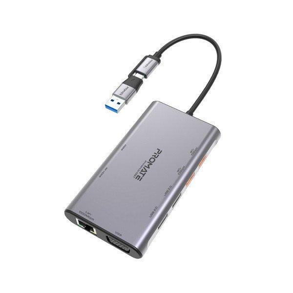 Promate USB Hub - PRIMEHUB MST (USB-C 9in1 HUB, 2x4K HDMI, VGA, 2xUSB 3.0, 1xUSB
2.0, 2xUSB-C, RJ45, adapter, szürke)