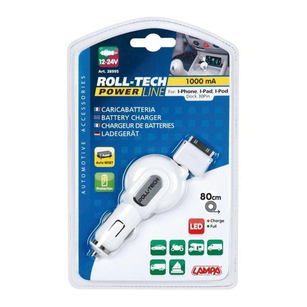 Lampa, Roll-Tech, Szivargyújtós Töltő, 1A 12/24V, Iphone/Ipad 30-pin