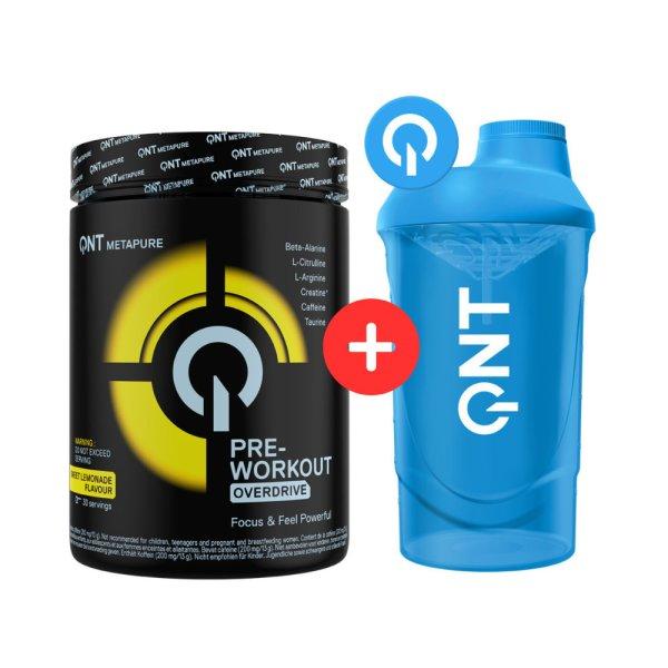 QNT Pre Workout Overdrive Sweet Lemonade 390 g+ QNT SHAKER 500 ML KÉK 