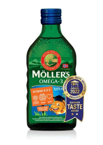 Möllers omega-3 halolaj étrend-kiegészítő a, d és e-vitaminnal,
tutti-frutti ízesítéssel 250 ml