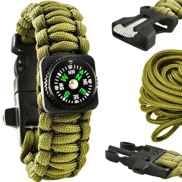 5in1 túlélő paracord karkötő zöld színben - extra erős kötél, kés,
kovakő, iránytű és síp (BB-6063)