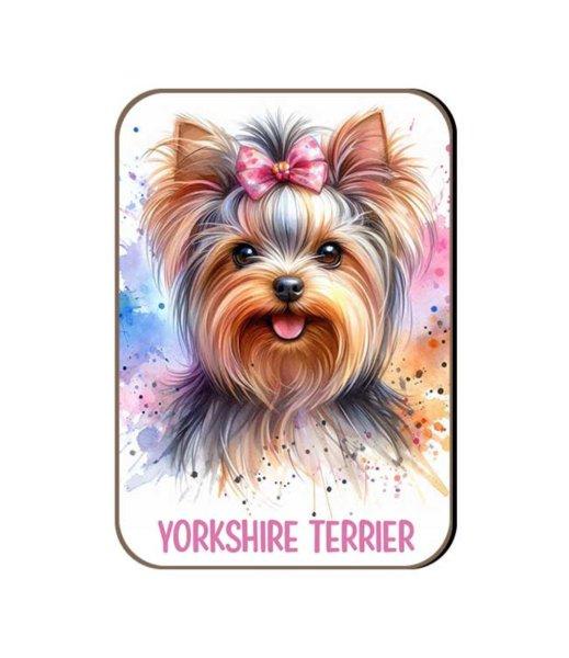 Kutyás fa hűtőmágnes, Yorkshire Terrier, masnis