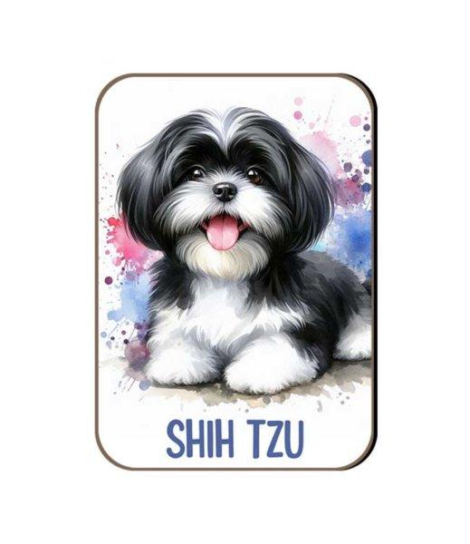 Kutyás fa hűtőmágnes, Shih-Tzu, fekete-fehér