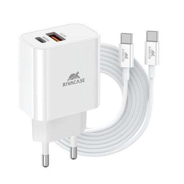 Hálózati töltő, 20W, USB-A és USB-C, USB-C, USB-C/USB-C töltőkábel,
RIVACASE "PS4102", fehér