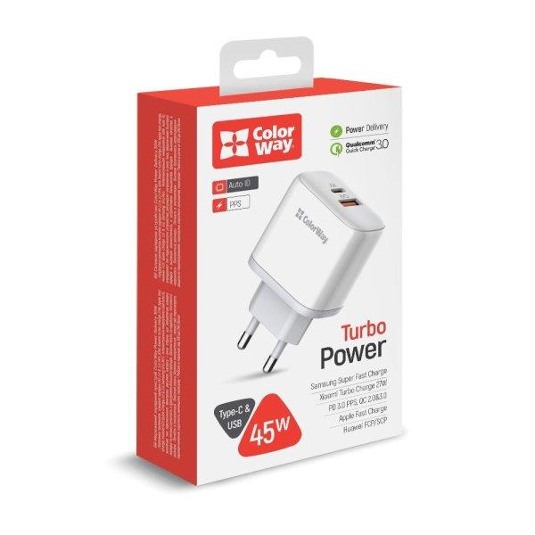 ColorWay USB töltő adapter Power Delivery Port PPS USB (Type-C PD + USB QC3.0)
(45W) White