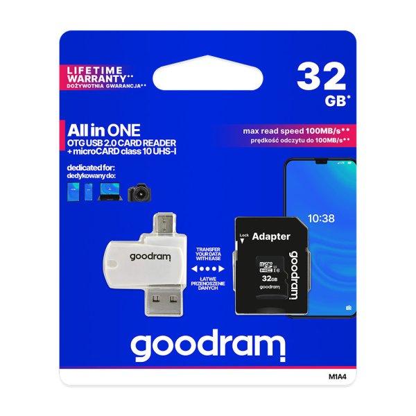 Goodram microSDHC 32GB Class 10 memóriakártya SD adapterrel, Micro USB / USB
OTG kártyaolvasóval és Artisjus matricával - M1A4-0320R12