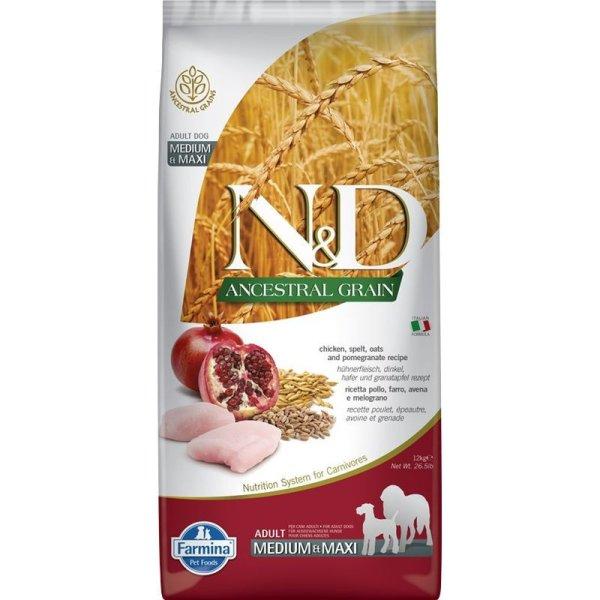 N&D Dog Ancestral Grain csirke, tönköly, zab & gránátalma adult medium &
maxi 12kg