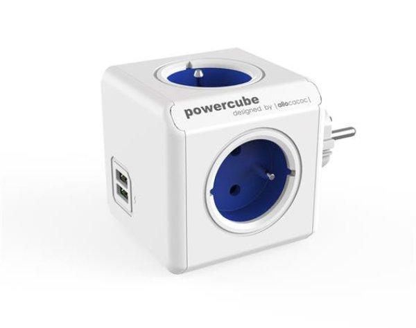 Elosztó, 4 aljzat, 2 USB csatlakozó, ALLOCACOC "PowerCube Original USB
DE", fehér-kék