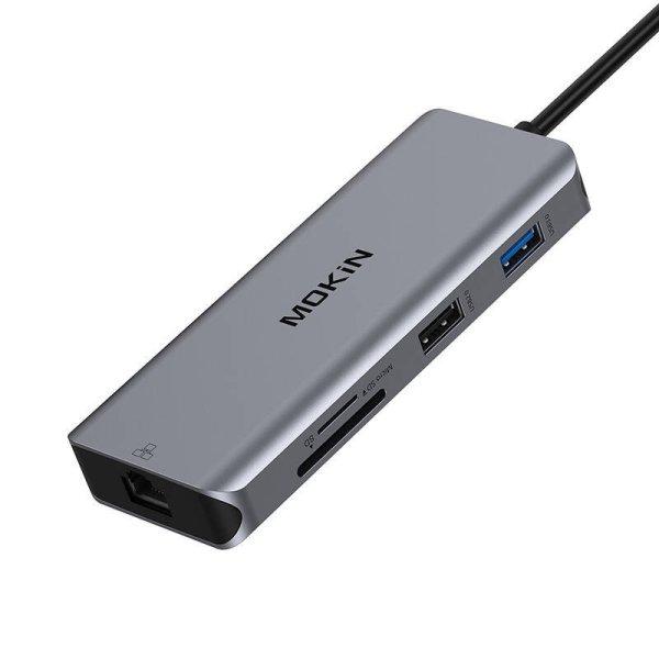 MOKiN 9in1 laptop dokkoló állomás USB C - 2x USB 3.0 + USB 2.0 + 2x HDMI +
SD/TF + RJ45 + PD (ezüst)