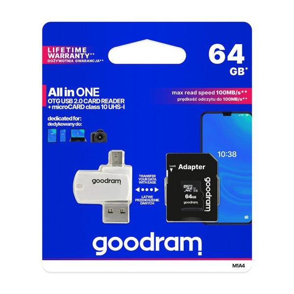 Goodram microSDHC 64GB Class 10 memóriakártya SD adapterrel, Micro USB / USB
OTG kártyaolvasóval és Artisjus matricával - M1A4-0640R12