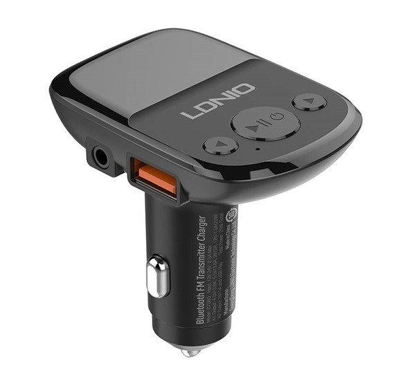 LDNIO bluetooth FM transmitter autós töltő 2 USB+3.5mm jack aljzat (5V/3A,
25W, AUX, PD gyorstöltő, LED) FEKETE