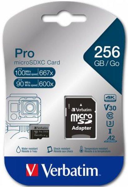 Memóriakártya, microSDXC, 256GB, CL10/U3/A2, 100/90 MB/s, adapter, VERBATIM
"PRO"