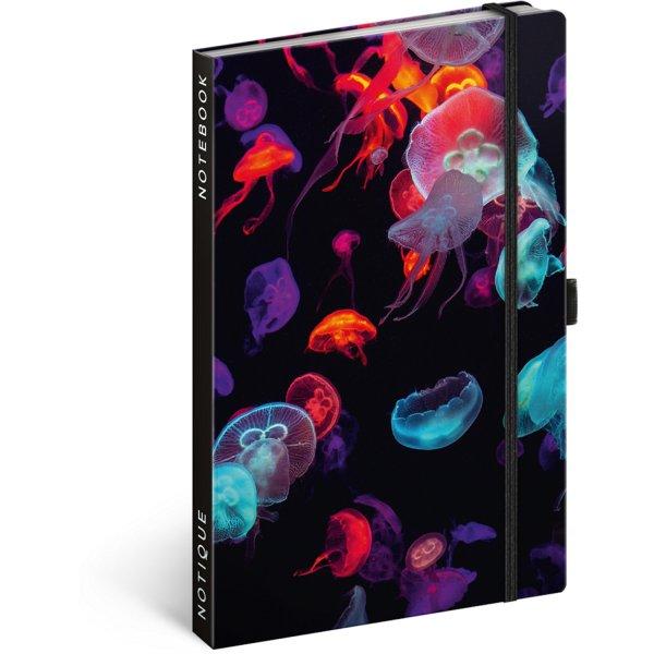 Keménytáblás notesz vonalas krémszínű lapokkal leszorító gumiszalaggal
Jellyfish  130x210mm, Presco