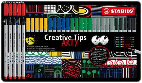 Tűfilc készlet, fém doboz, STABILO "Creative Tips ARTY", 6
különböző szín, 5 különböző vastagság