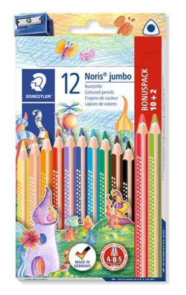 Színes ceruza készlet, háromszögletű, vastag, hegyezővel, STAEDTLER
"Noris® Jumbo 128", 10+2 különböző szín