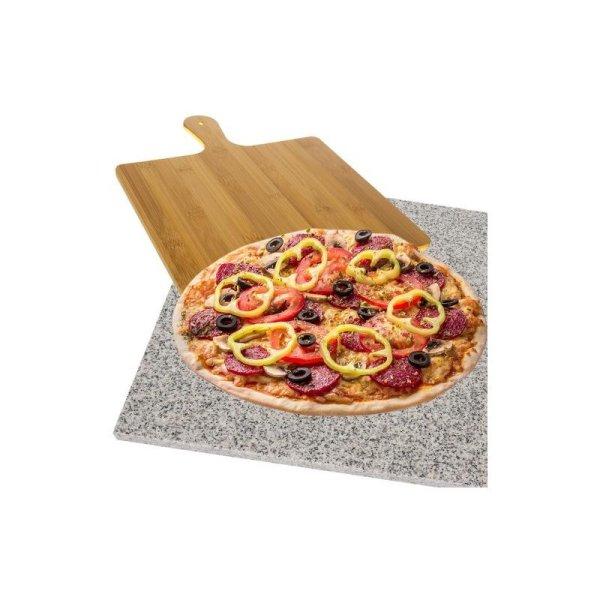 Nagy méretű gránit pizzakő, 38 x 36 x 2 cm,  ajándék bambusz
pizzalapáttal