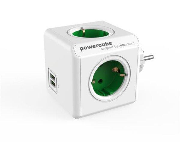 Elosztó, 4 aljzat, 2 USB csatlakozó, ALLOCACOC "PowerCube Original USB
DE", fehér-zöld