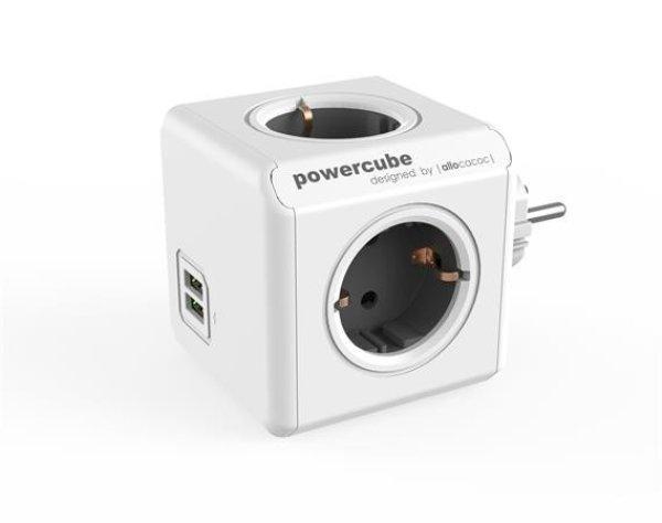 Elosztó, 4 aljzat, 2 USB csatlakozó, ALLOCACOC "PowerCube Original USB
DE", fehér-szürke