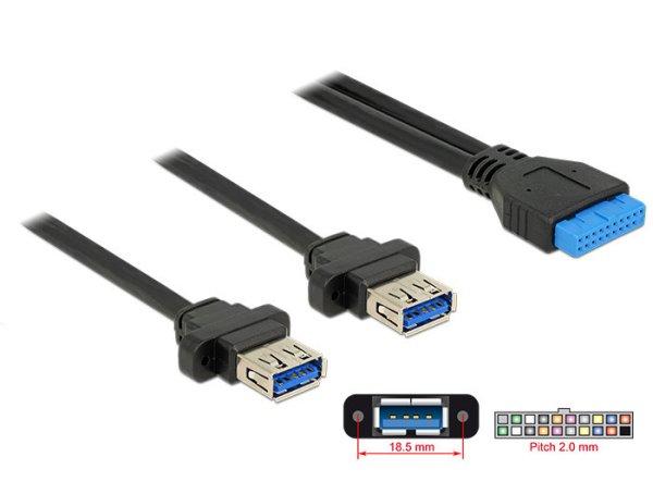 DeLock Cable USB 3.0 pin header female 2.00 mm 19 pin > 2 x USB 3.0 Type-A
female panel-mount 80cm