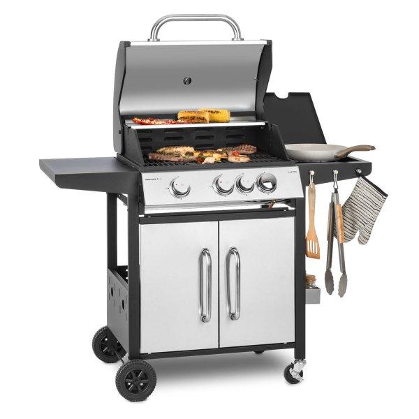 Klarstein Tomahawk 3.1 S, gázgrill, 3 x 3,6 kW égőfej + 2,7 kW wok égőfej,
60 x 45 cm rostély, nemesacél