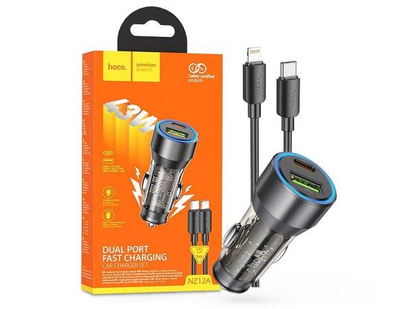 HOCO szivargyújtó töltő adapter USB-A + Type-C bemenettel + Type-C -
Lightning kábel - 43W - HOCO NZ12A Dual Port Fast Charging Set - fekete