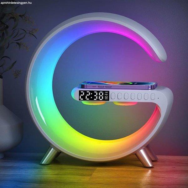 Multimédiás bluetooth hangszóró, vezeték nélküli QI töltőpad, RGB, LED
relax lámpa, fehér